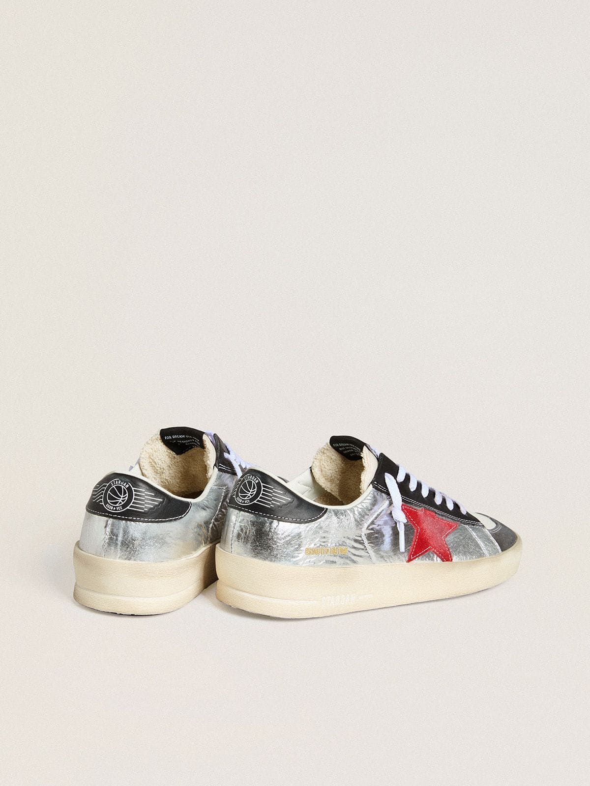 Golden Goose Men’s Stardan in laminated silver nylon with burgundy suede star
