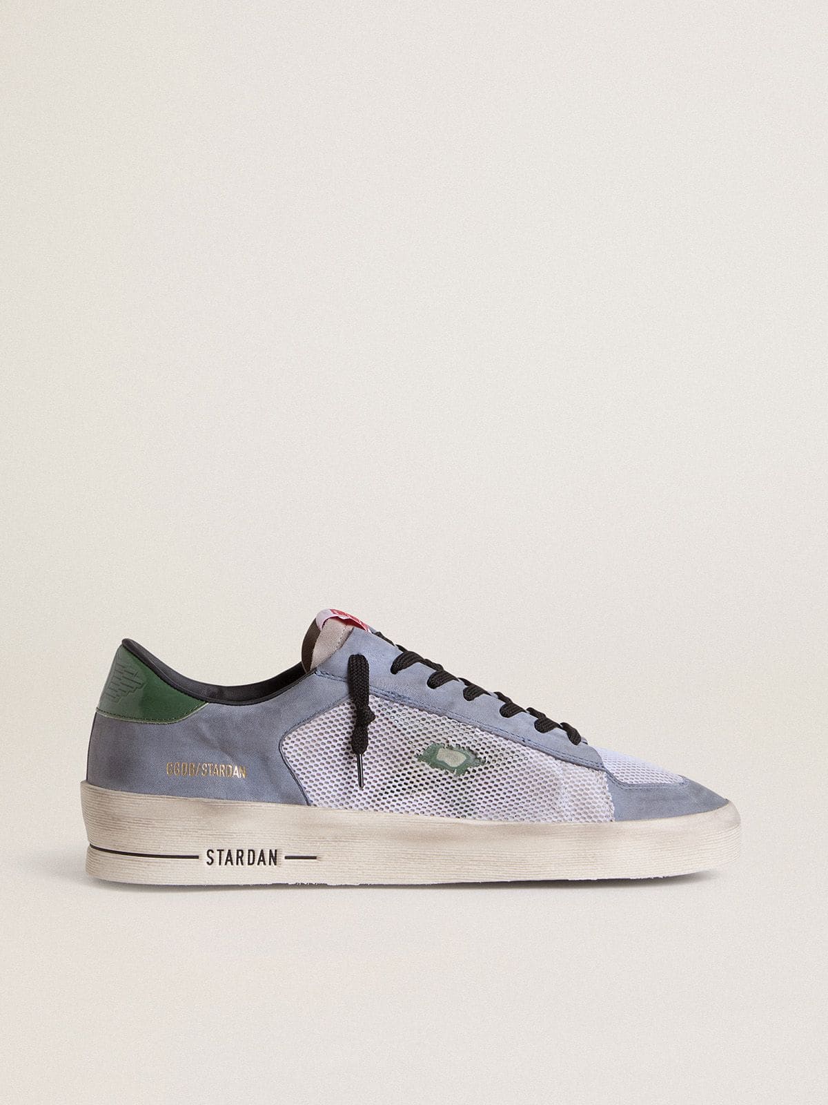 Golden Goose Men's Stardan in powder-blue suede with green leather star and heel tab
