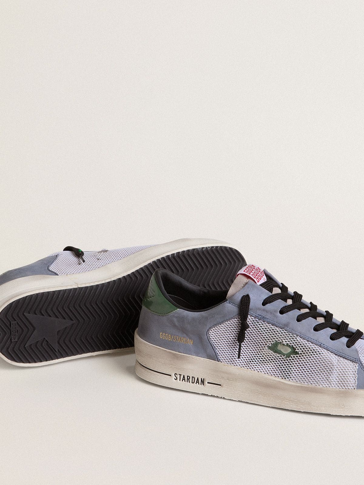 Golden Goose Men's Stardan in powder-blue suede with green leather star and heel tab