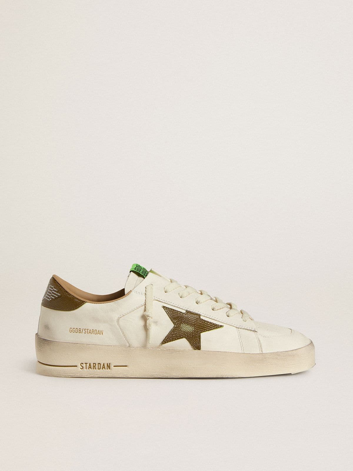 Golden Goose Men's Stardan in white leather with military-green snake-print leather star and heel tab