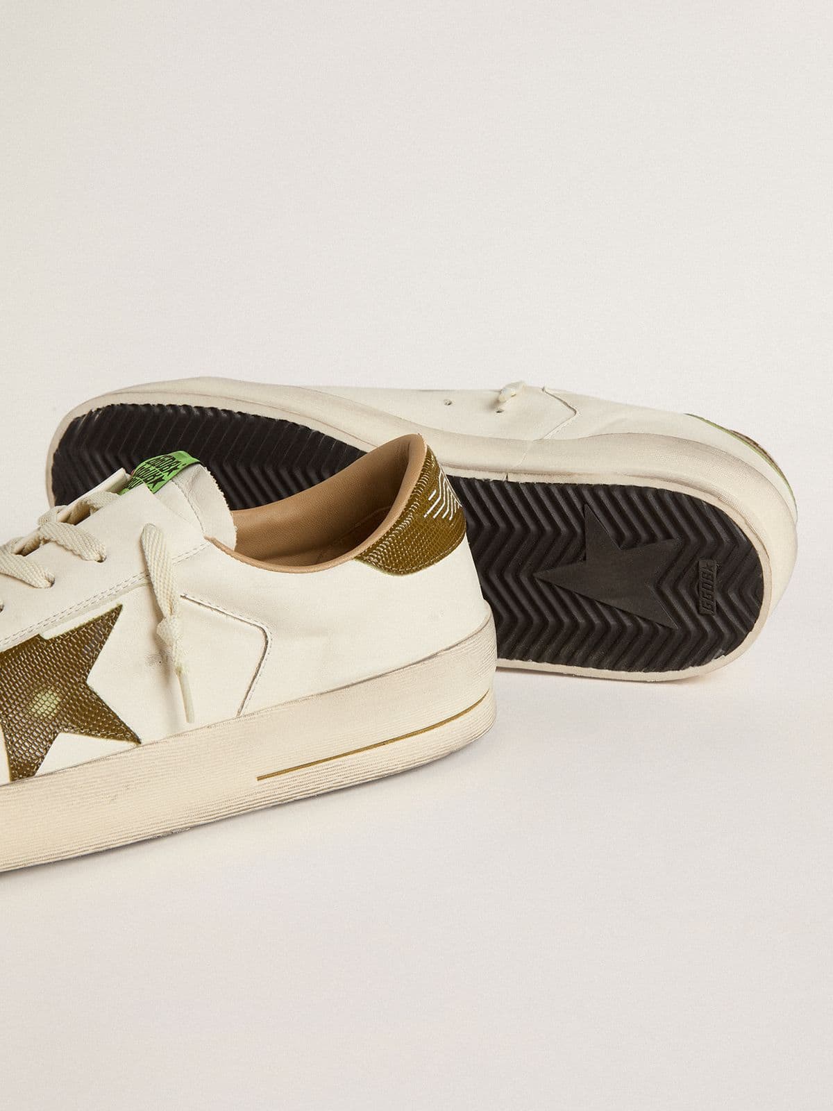 Golden Goose Men's Stardan in white leather with military-green snake-print leather star and heel tab