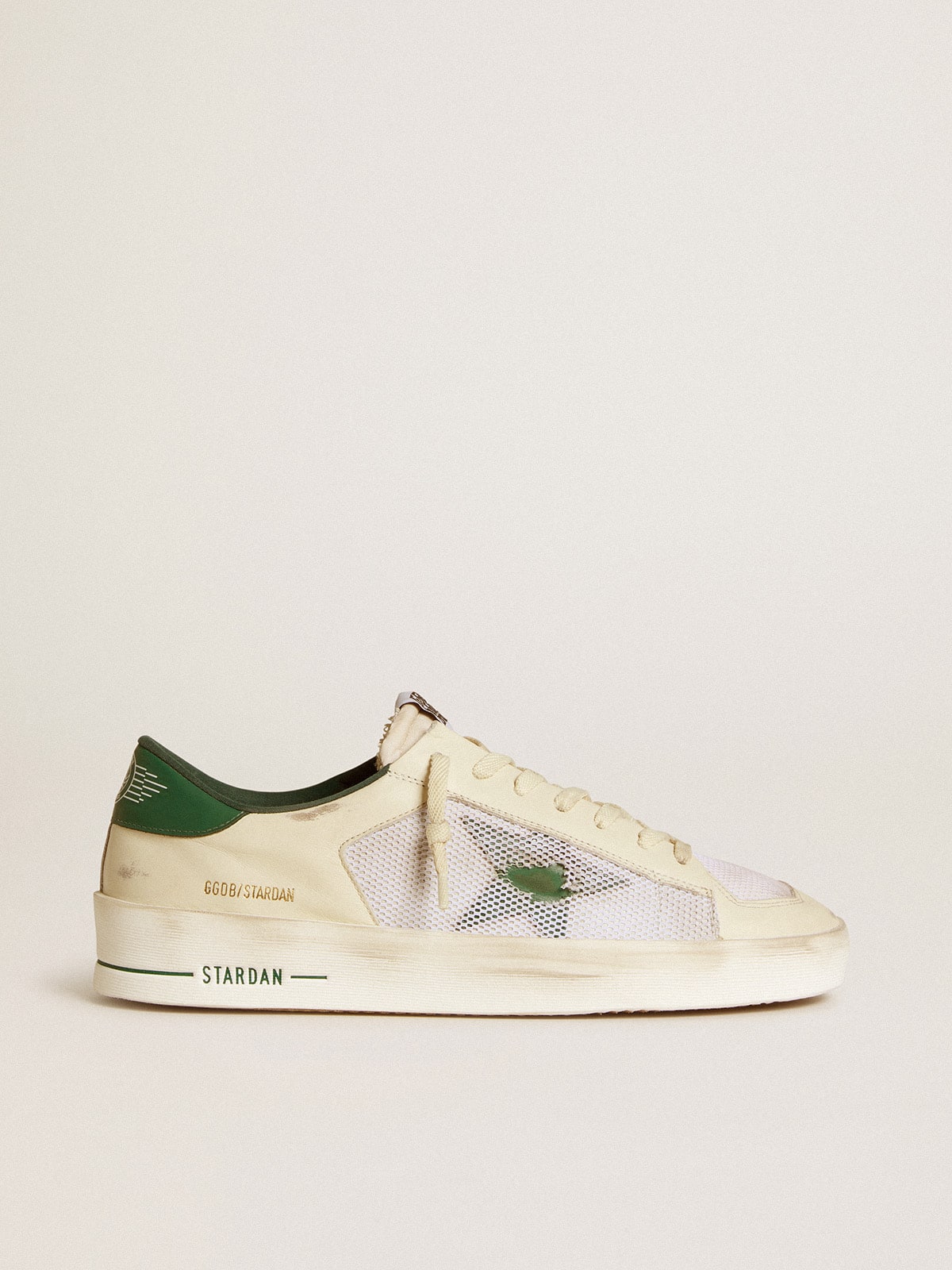Golden Goose Stardan in white suede and mesh with green leather star and heel tab