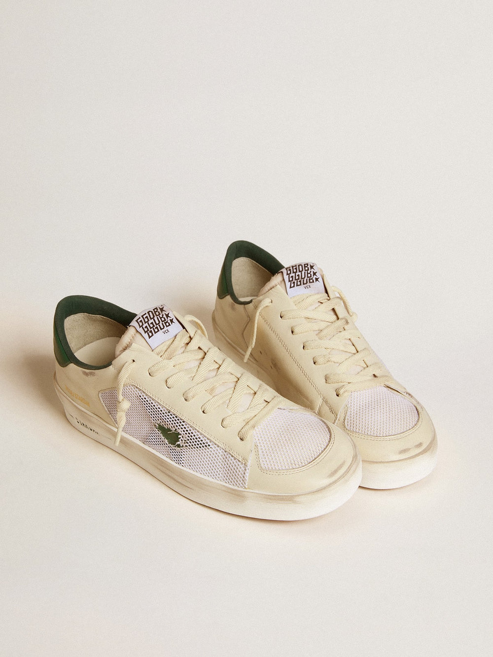 Golden Goose Stardan in white suede and mesh with green leather star and heel tab