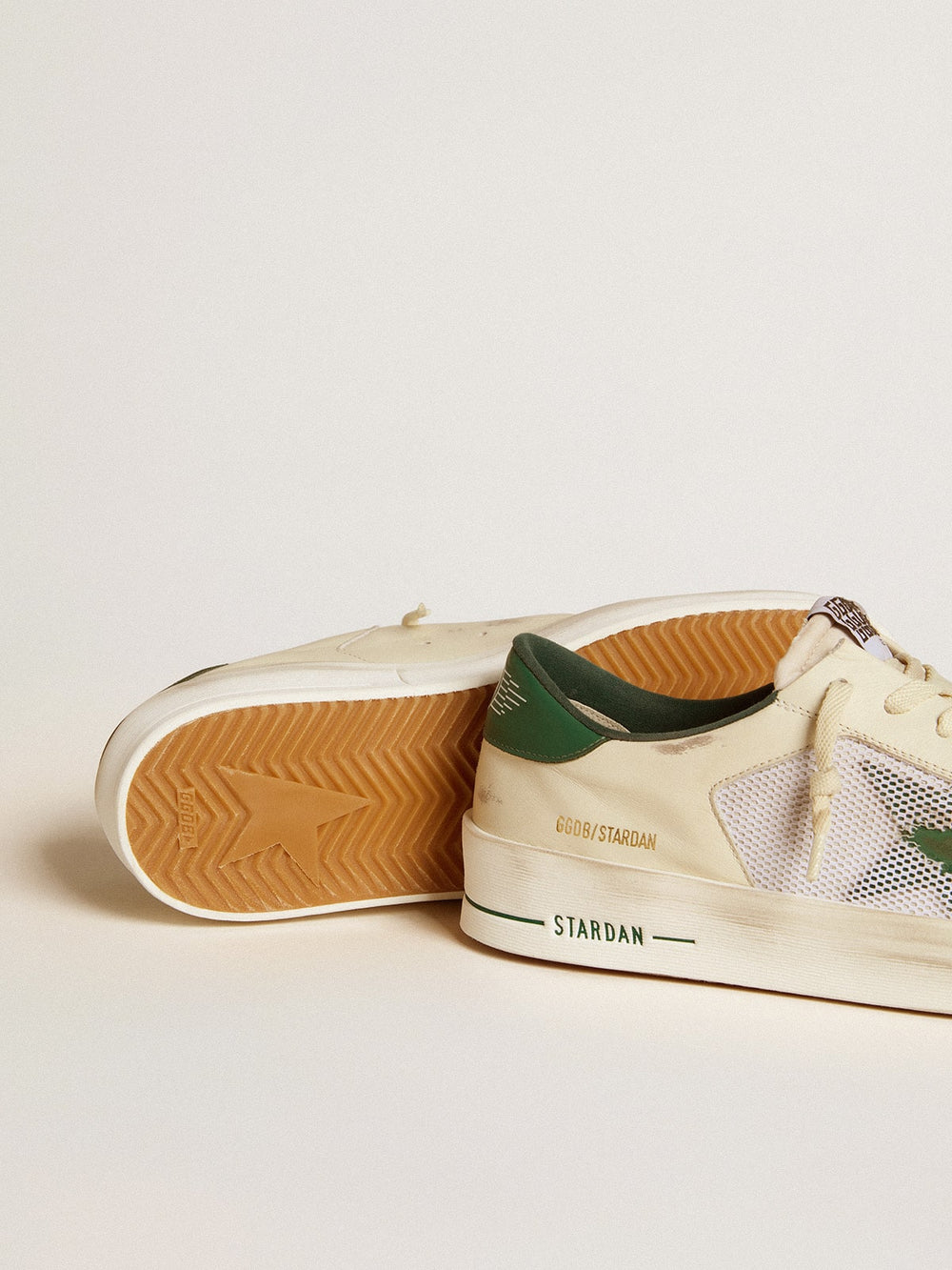 Golden Goose Stardan in white suede and mesh with green leather star and heel tab