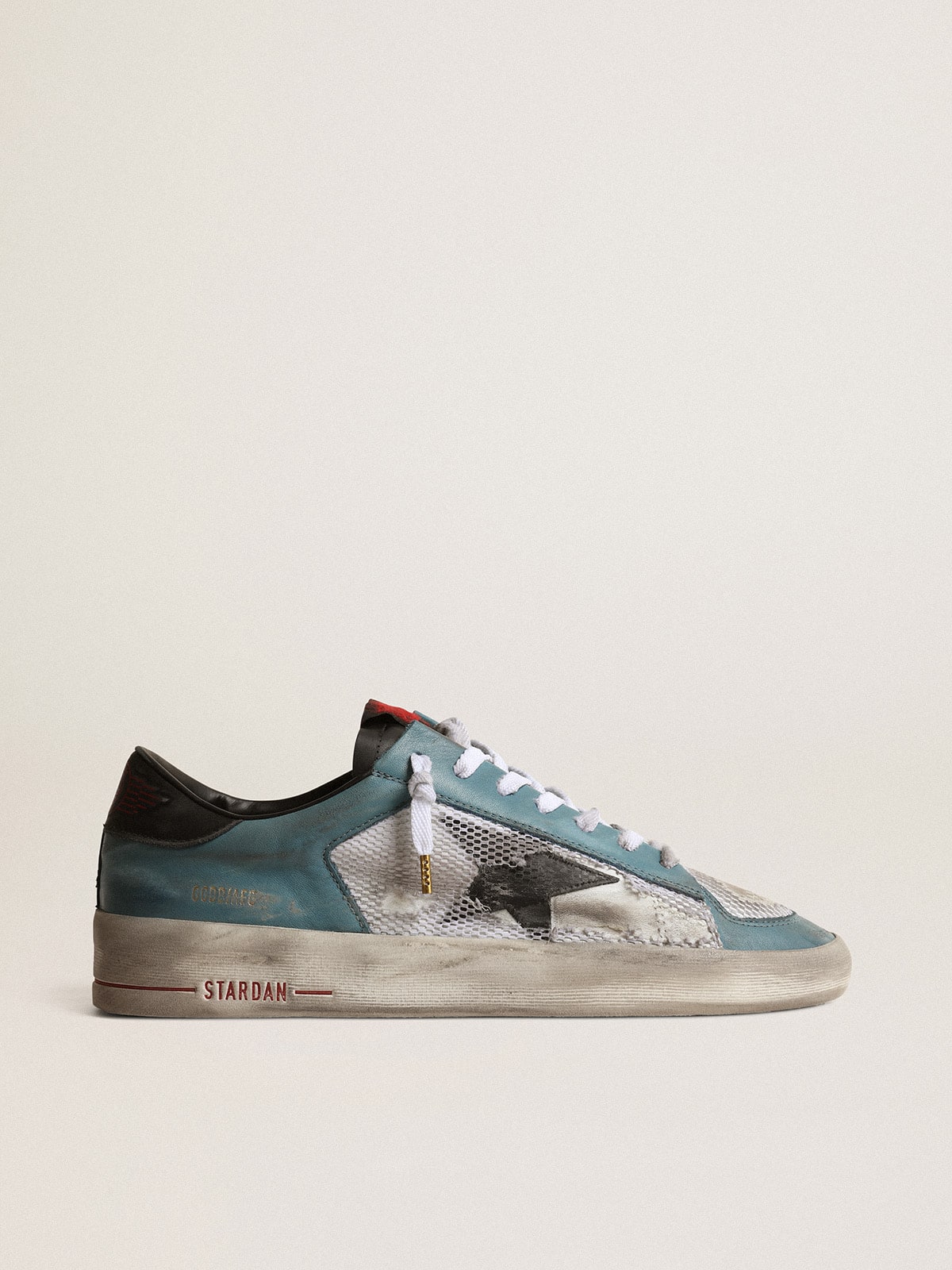 Golden Goose Men's Stardan in distressed mesh and petrol-colored upper