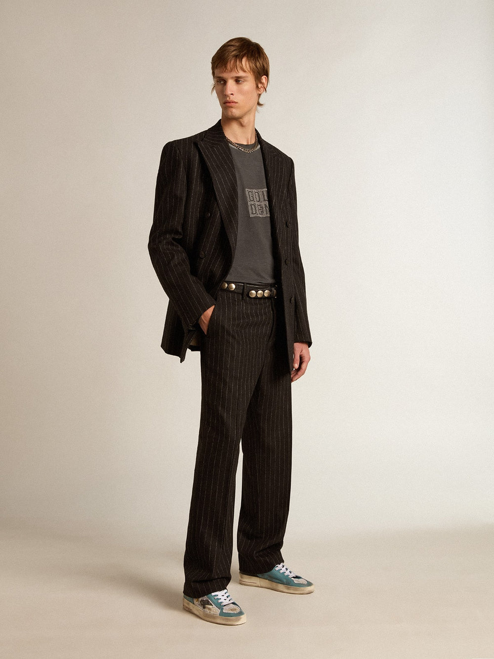 Golden Goose Men's Stardan in distressed mesh and petrol-colored upper