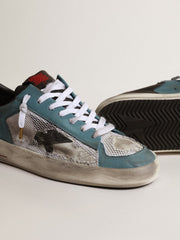 Golden Goose Men's Stardan in distressed mesh and petrol-colored upper