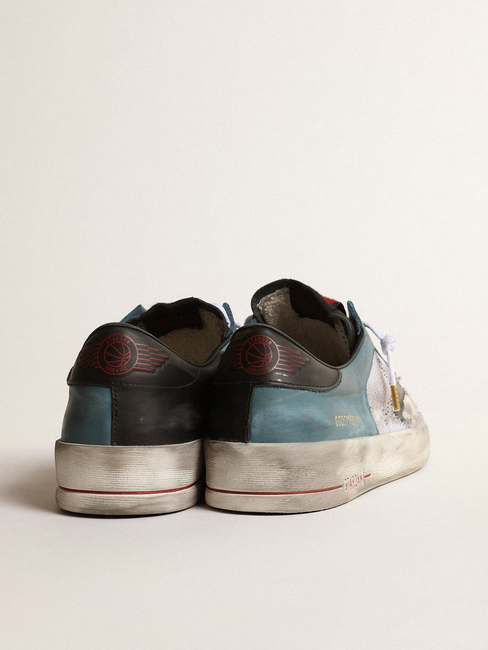 Golden Goose Men's Stardan in distressed mesh and petrol-colored upper