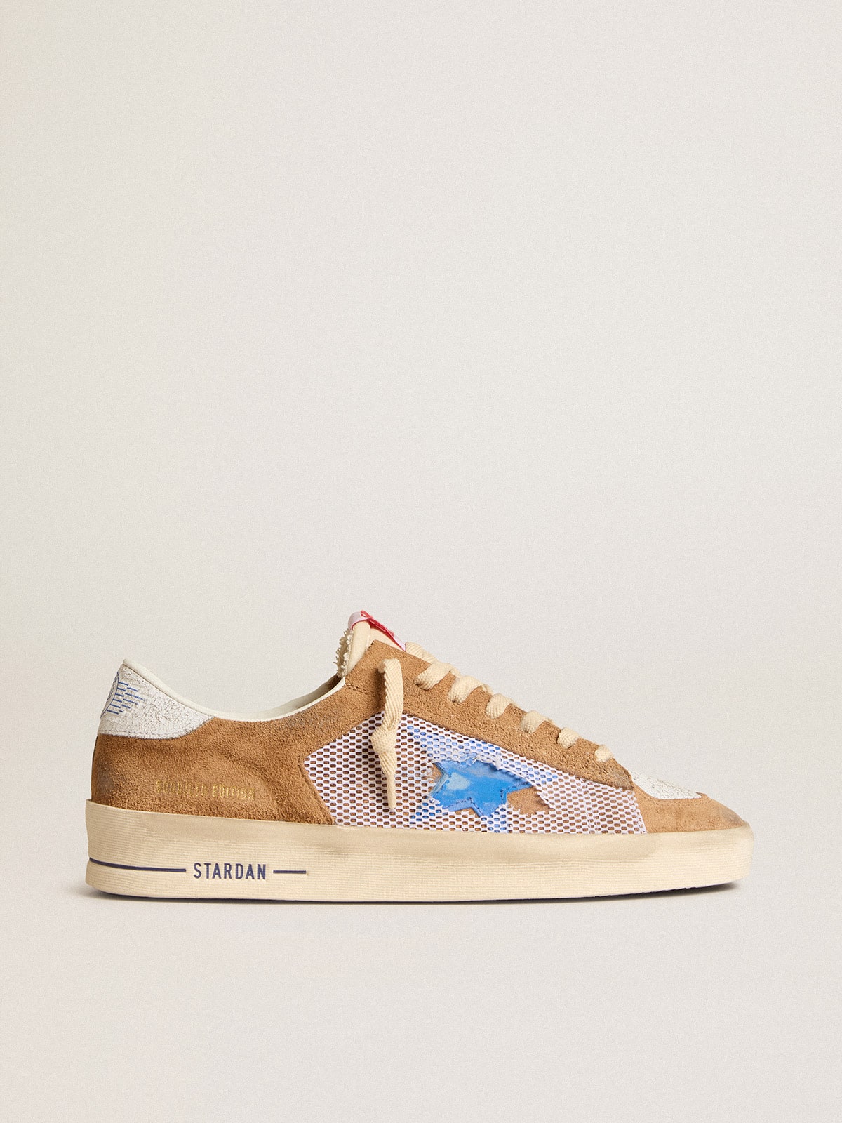 Golden Goose Men's Stardan LTD in tobacco suede and mesh with blue star and leather heel tab