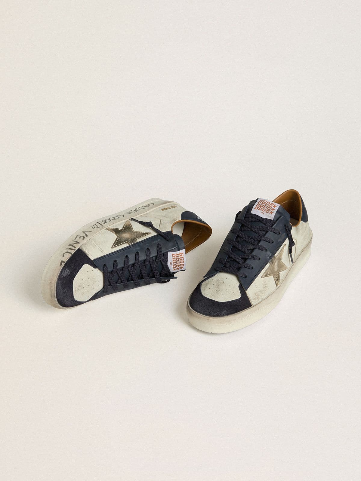 Golden Goose Men's Stardan in nubuck with metallic leather star and blue nappa heel tab