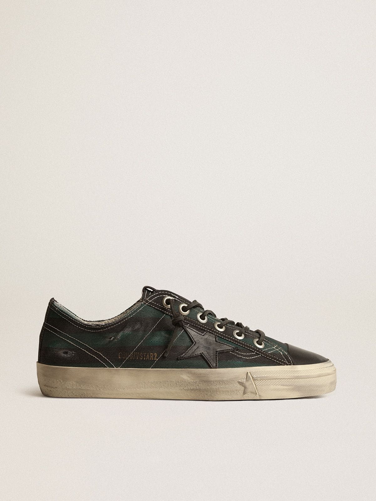 Golden Goose Men's V-Star in black and green striped canvas with black leather star and toe