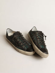 Golden Goose Men's V-Star in black and green striped canvas with black leather star and toe