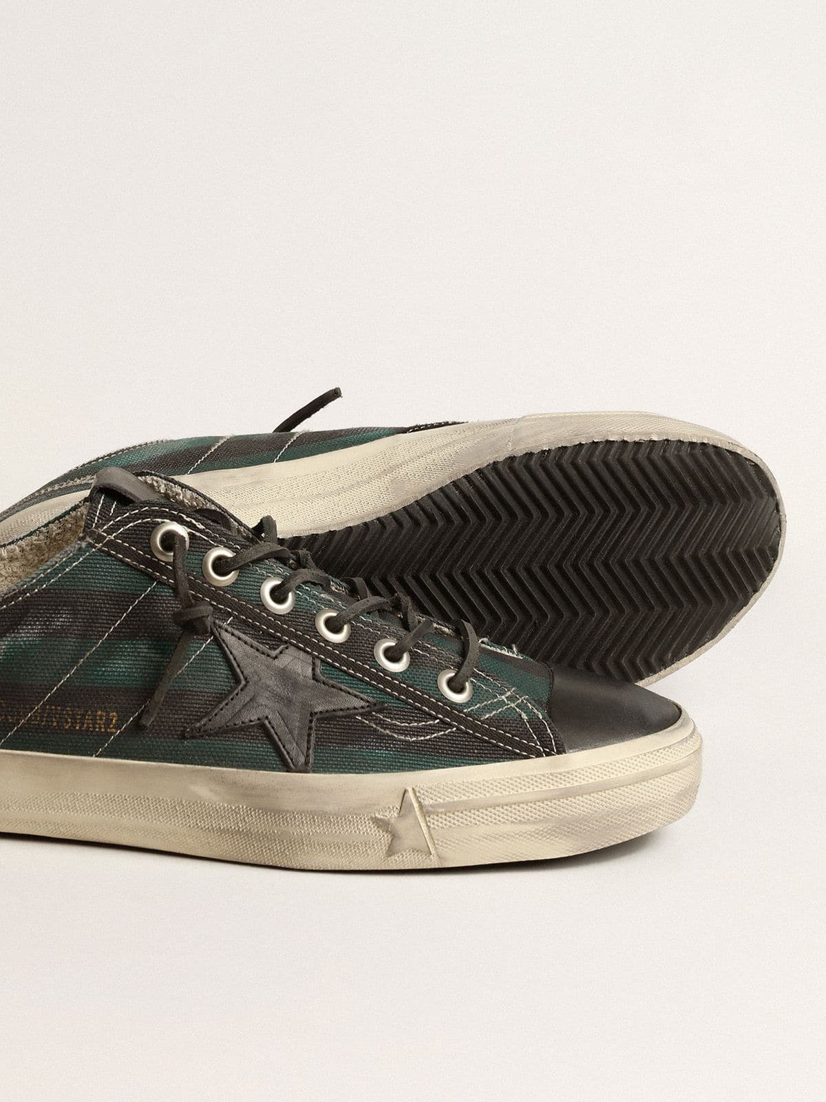 Golden Goose Men's V-Star in black and green striped canvas with black leather star and toe