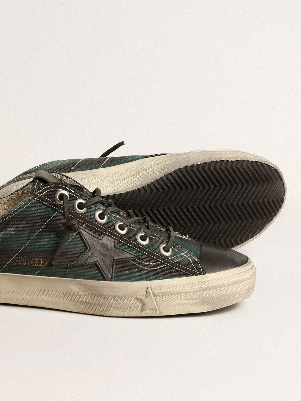 Golden Goose Men's V-Star in black and green striped canvas with black leather star and toe