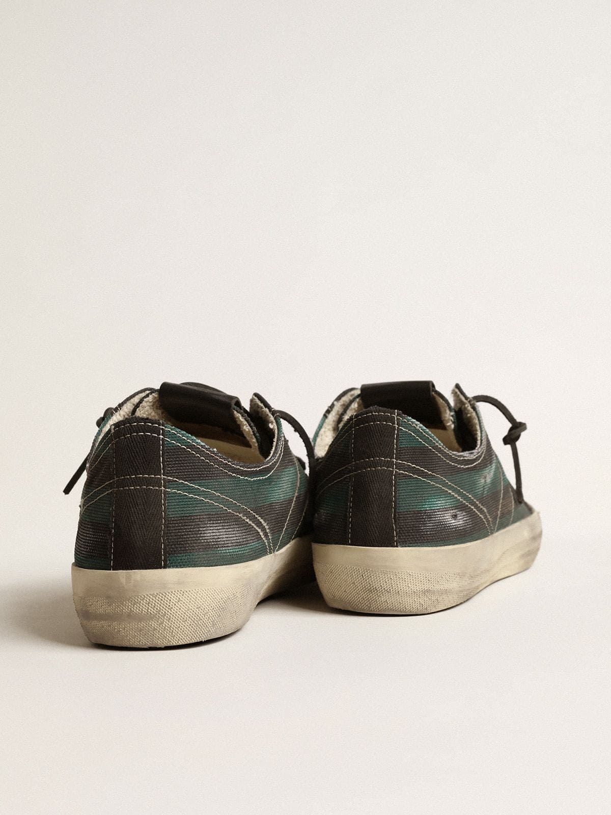Golden Goose Men's V-Star in black and green striped canvas with black leather star and toe