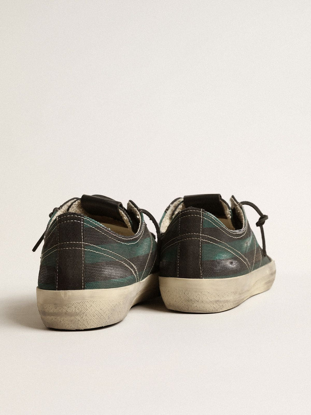 Golden Goose Men's V-Star in black and green striped canvas with black leather star and toe