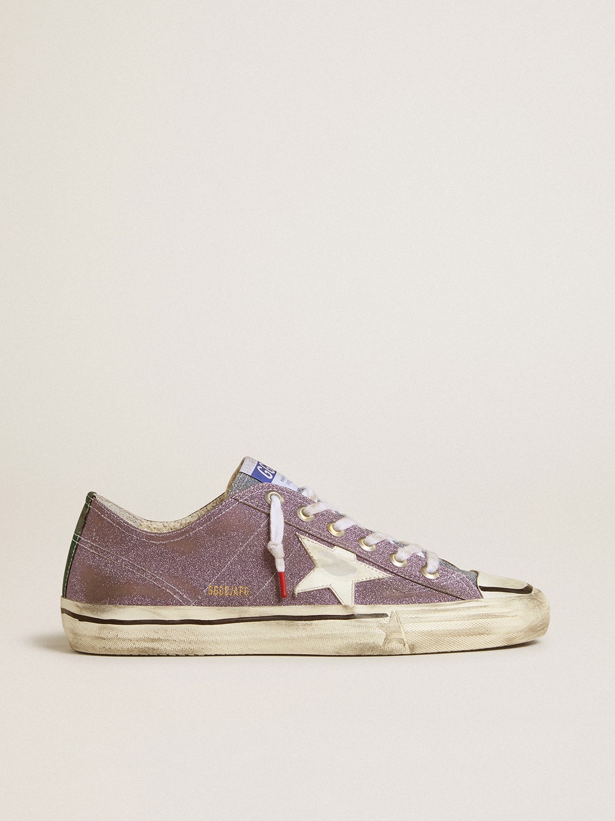 Golden Goose Men’s V-Star LAB in lilac leather and glitter with white star and silver glitter tongue