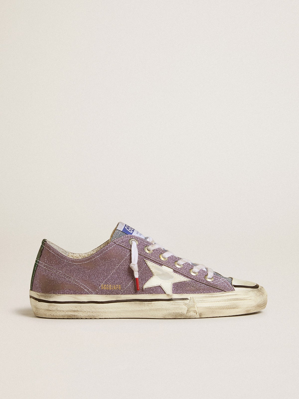 Golden Goose Men’s V-Star LAB in lilac leather and glitter with white star and silver glitter tongue
