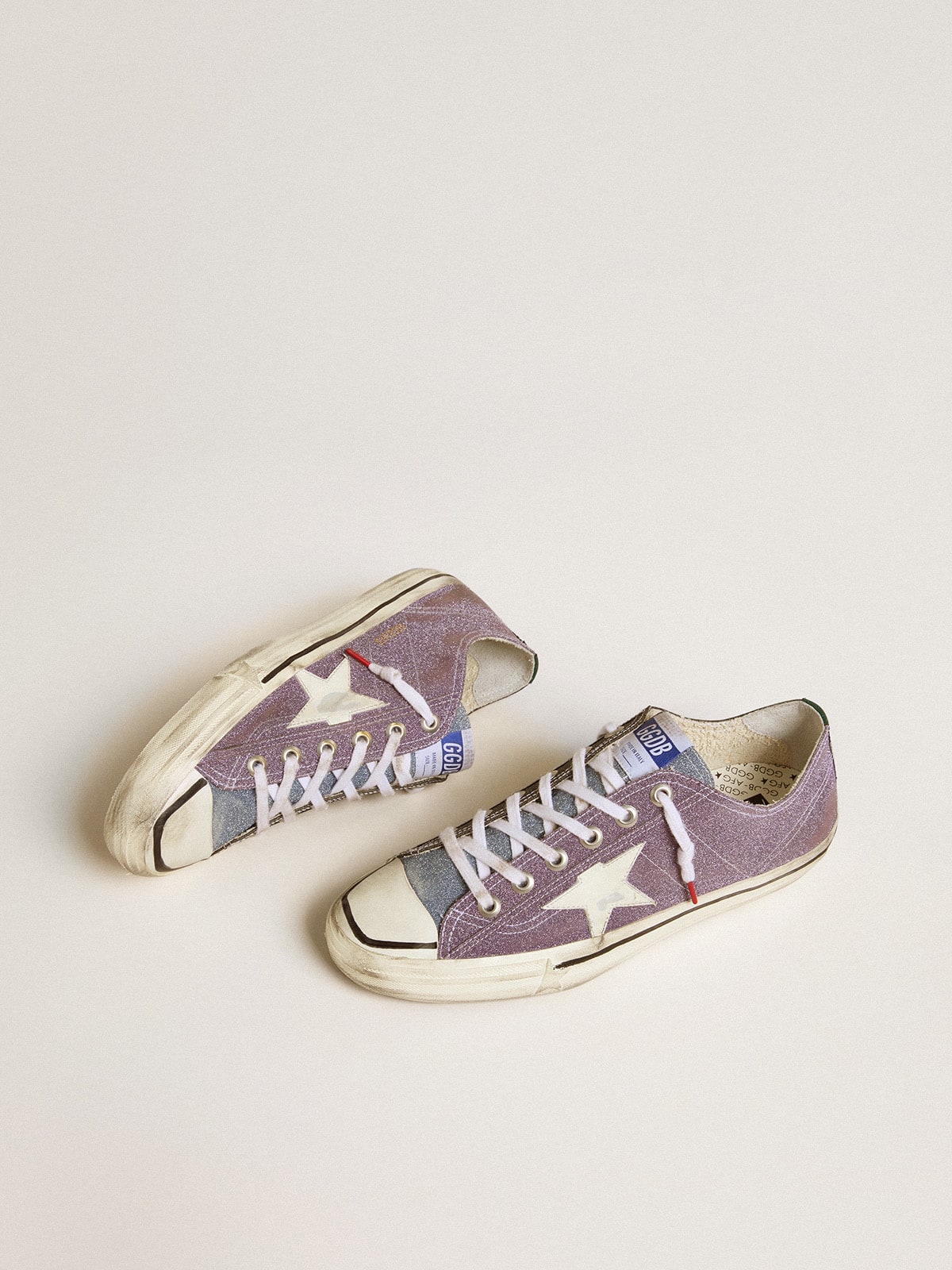Golden Goose Men’s V-Star LAB in lilac leather and glitter with white star and silver glitter tongue