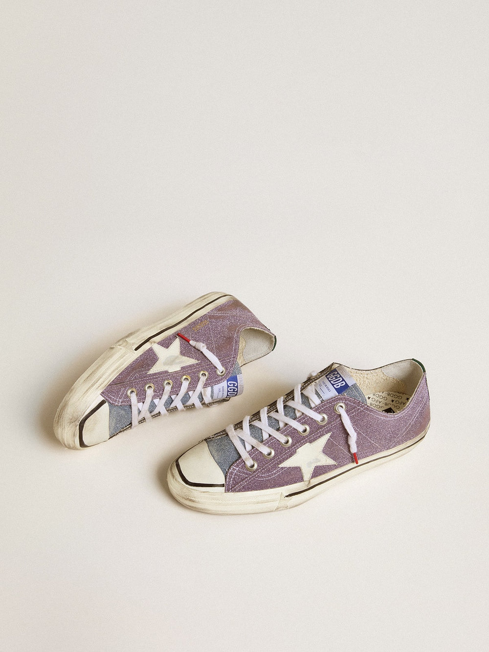 Golden Goose Men’s V-Star LAB in lilac leather and glitter with white star and silver glitter tongue