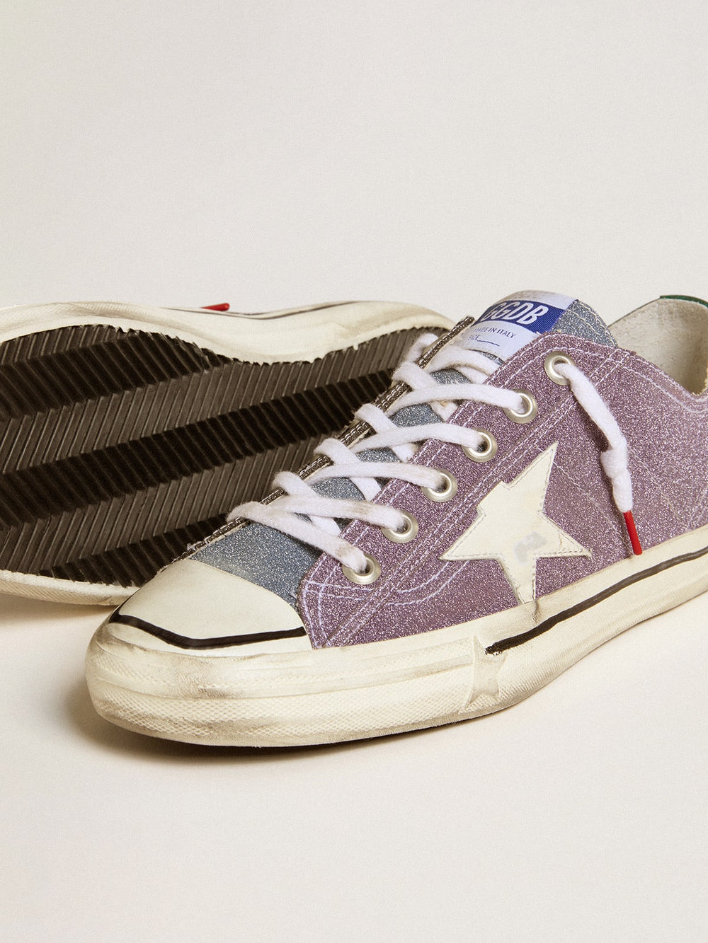 Golden Goose Men’s V-Star LAB in lilac leather and glitter with white star and silver glitter tongue