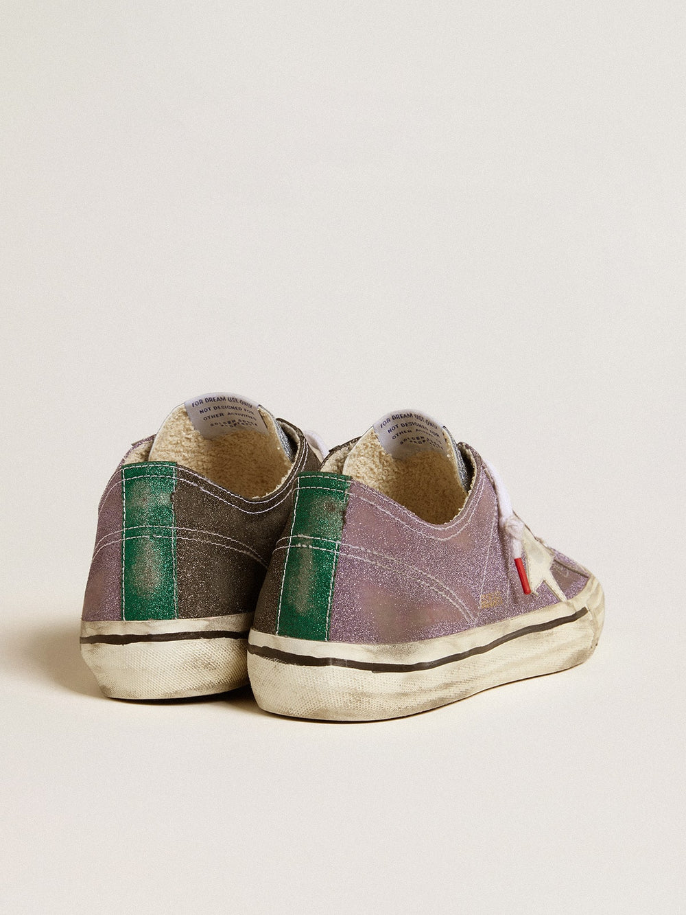Golden Goose Men’s V-Star LAB in lilac leather and glitter with white star and silver glitter tongue
