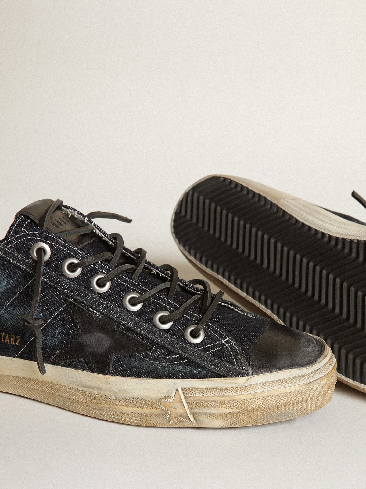 Golden Goose V-Star sneakers in midnight-blue denim with black leather star and toe