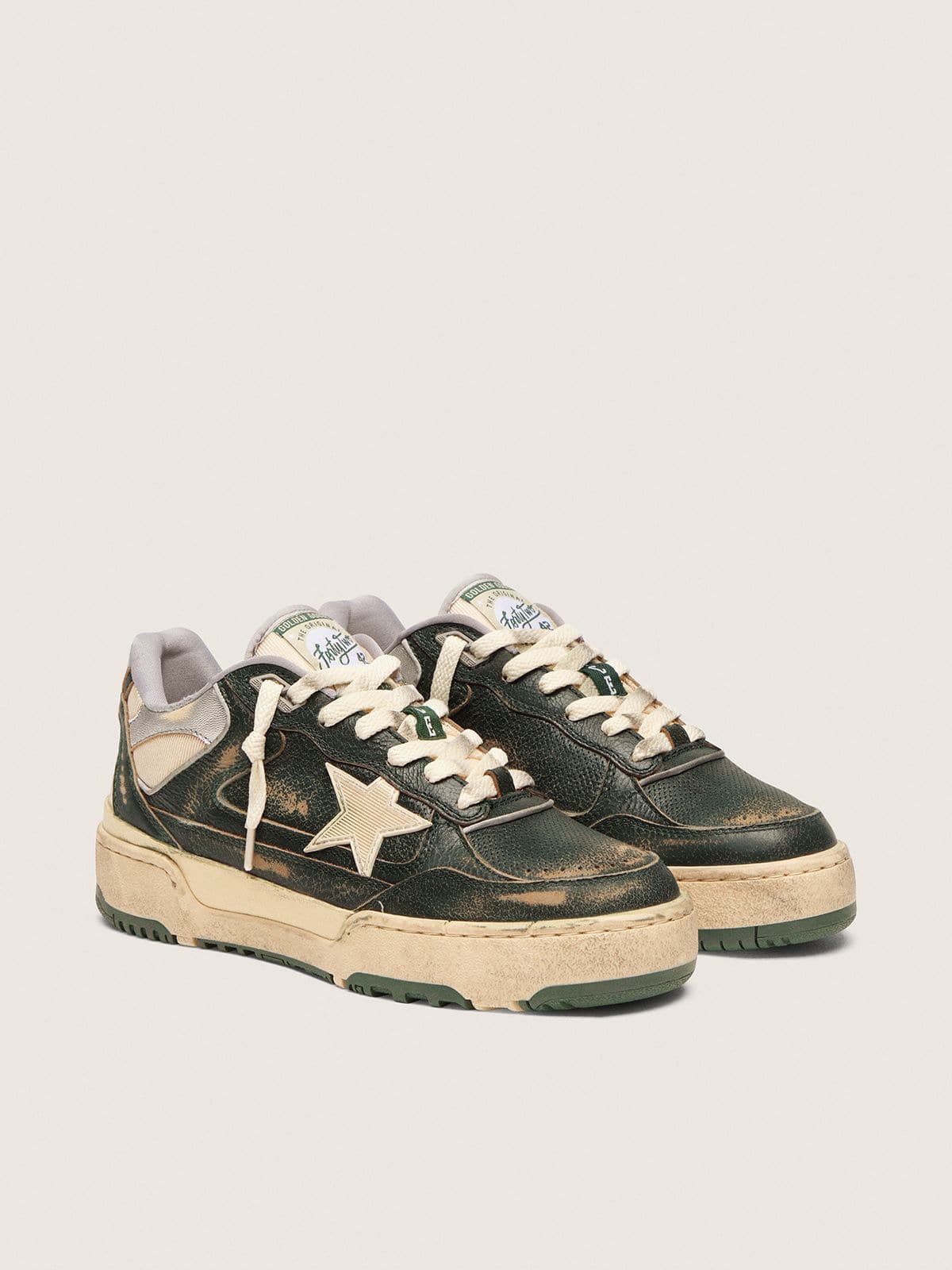 Golden Goose Men's Forty2 in green leather and cream nylon with TPU star and silver leather heel tab