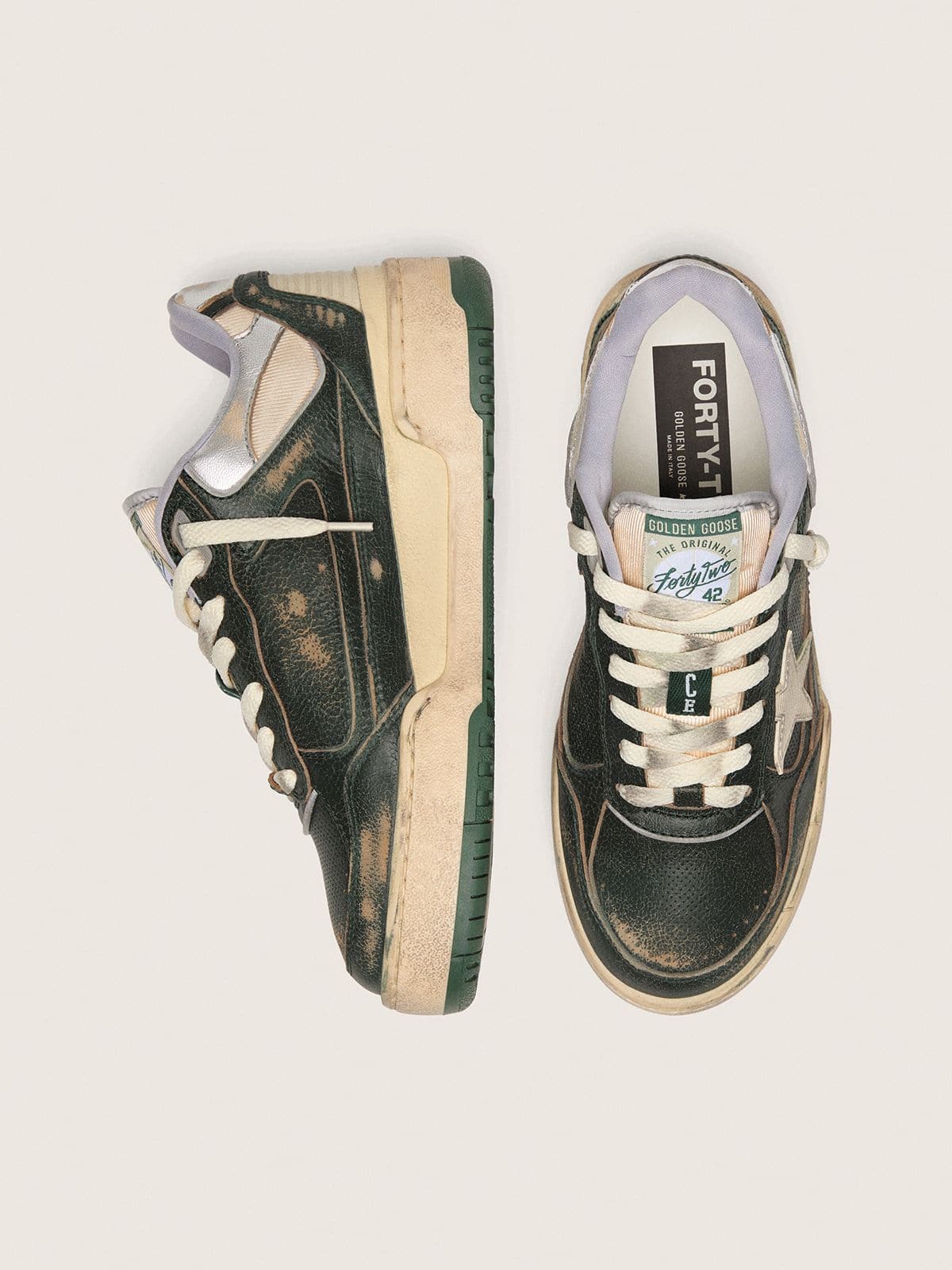 Golden Goose Men's Forty2 in green leather and cream nylon with TPU star and silver leather heel tab