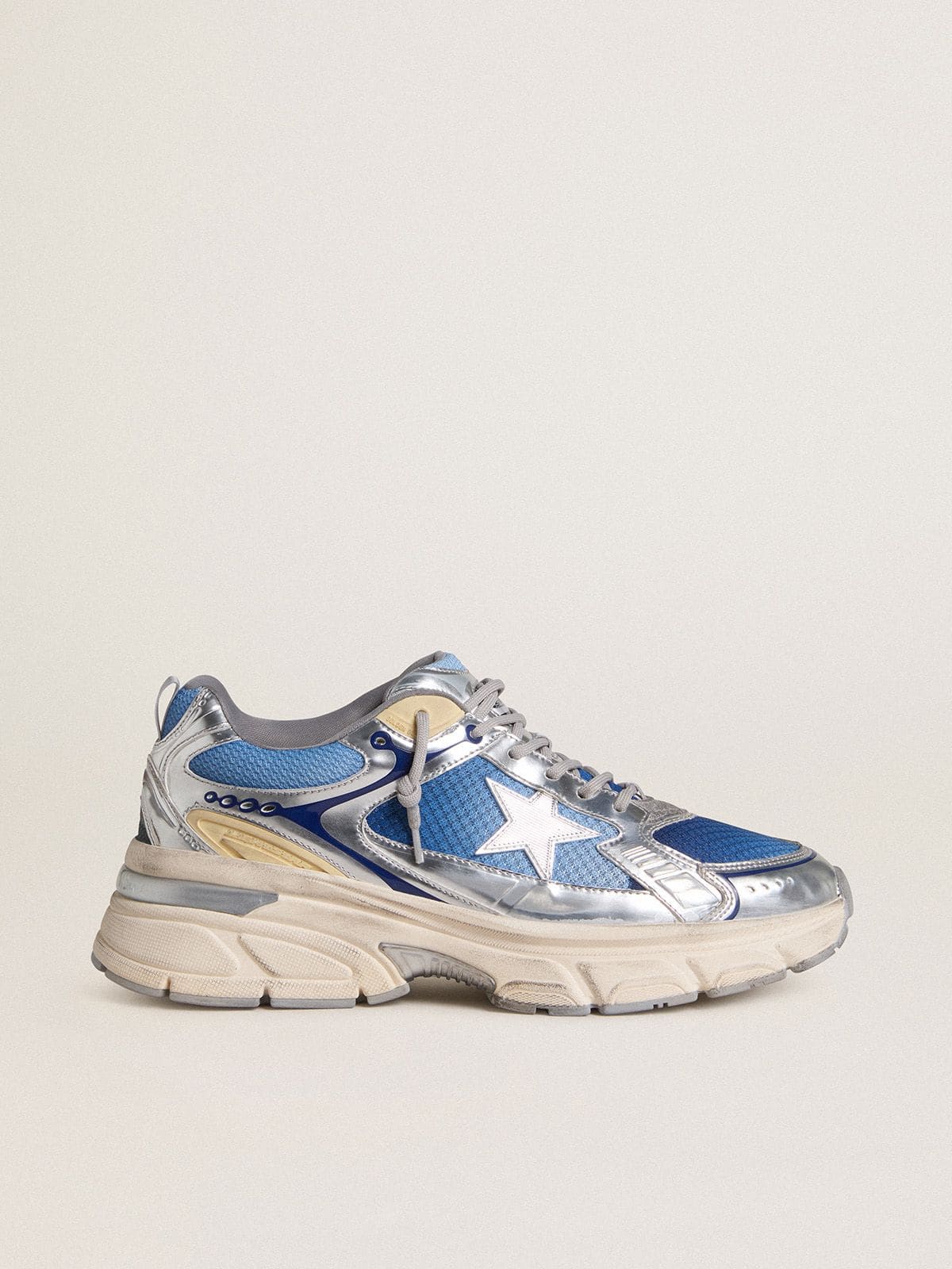 Golden Goose Men's Lightstar  in light blue mesh with white TPU star and silver bio-based inserts