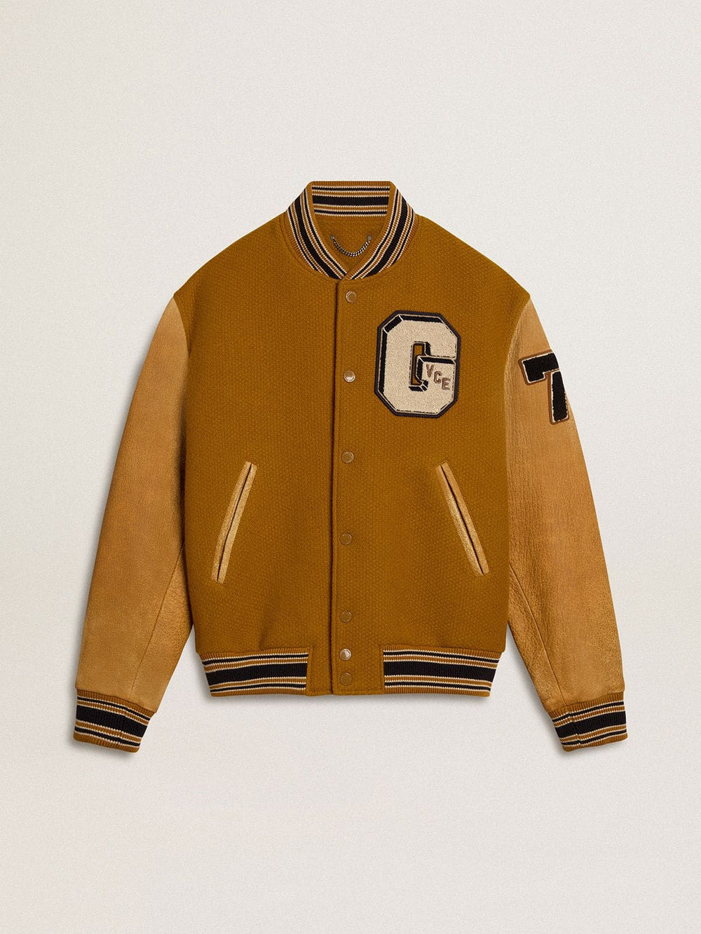Golden Goose Ochre yellow wool bomber jacket with leather sleeves