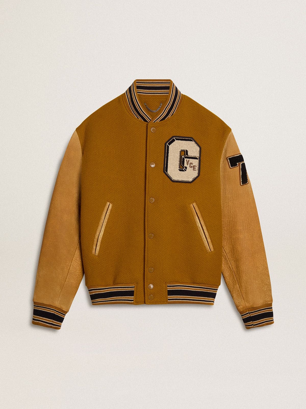 Golden Goose Ochre yellow wool bomber jacket with leather sleeves