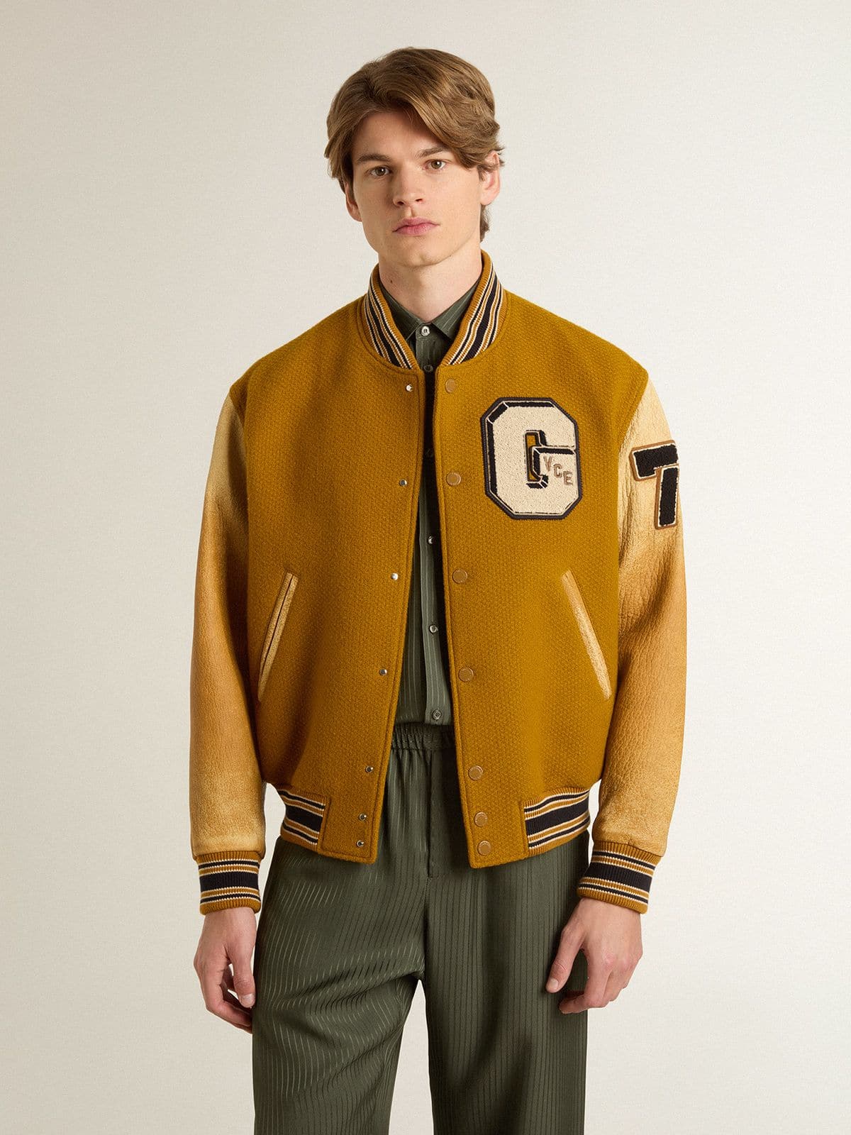Golden Goose Ochre yellow wool bomber jacket with leather sleeves