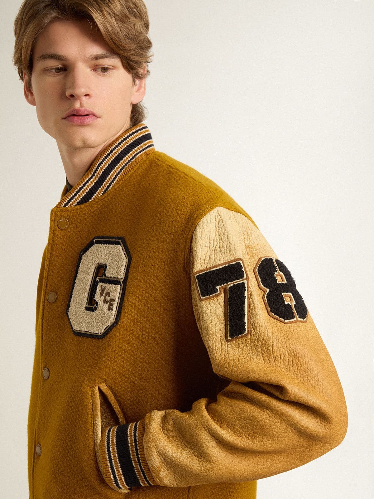 Golden Goose Ochre yellow wool bomber jacket with leather sleeves