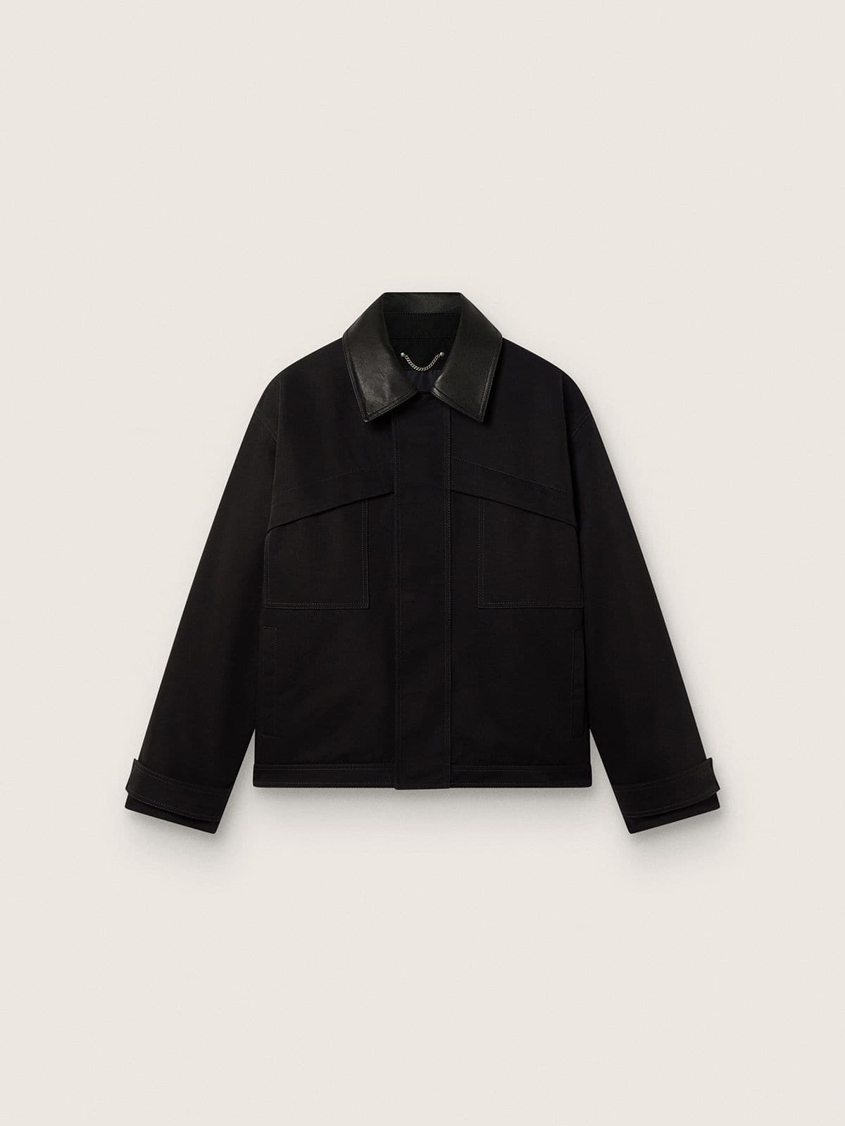 Golden Goose Men's short padded jacket in black cotton with leather collar