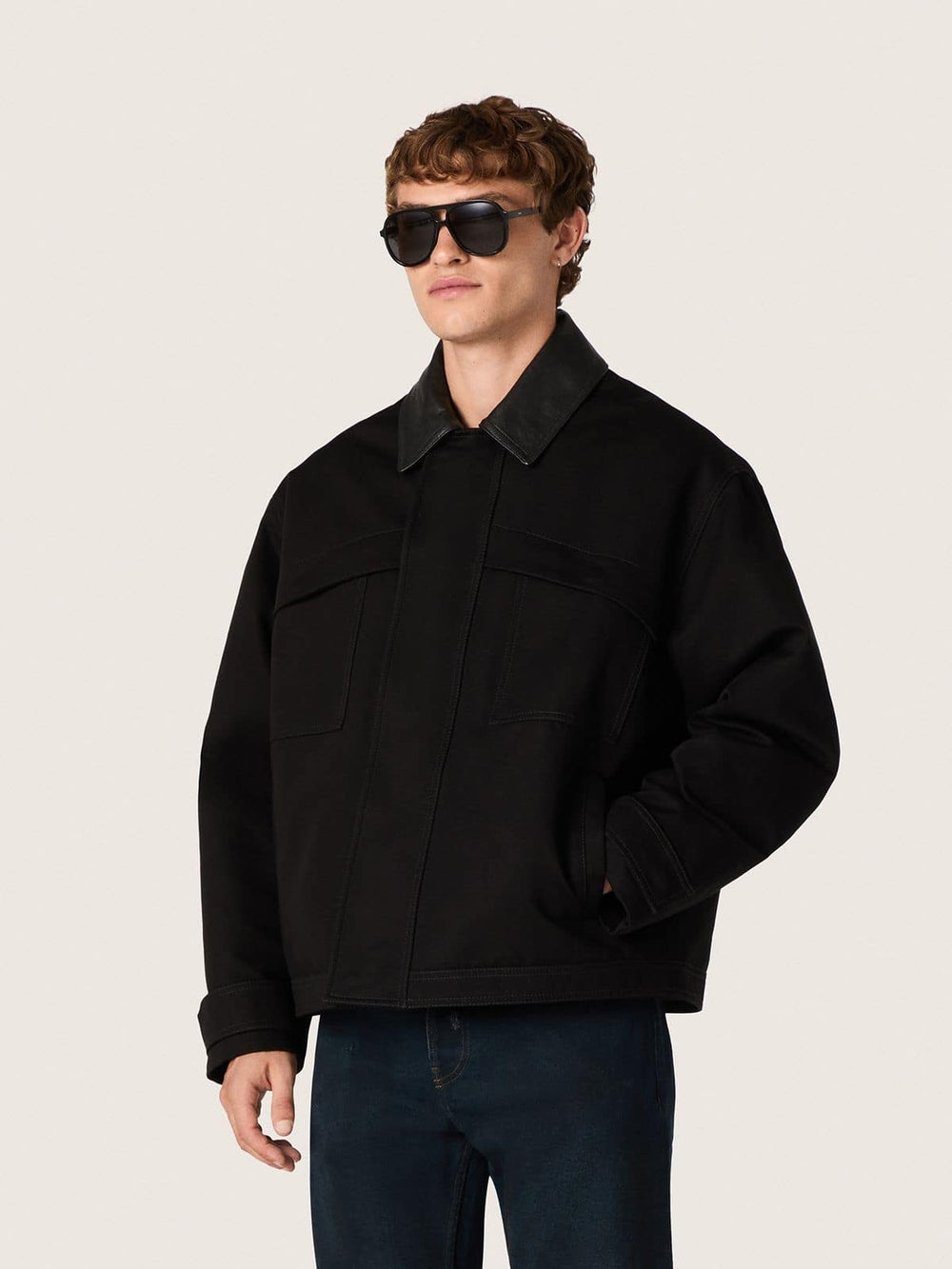 Golden Goose Men's short padded jacket in black cotton with leather collar