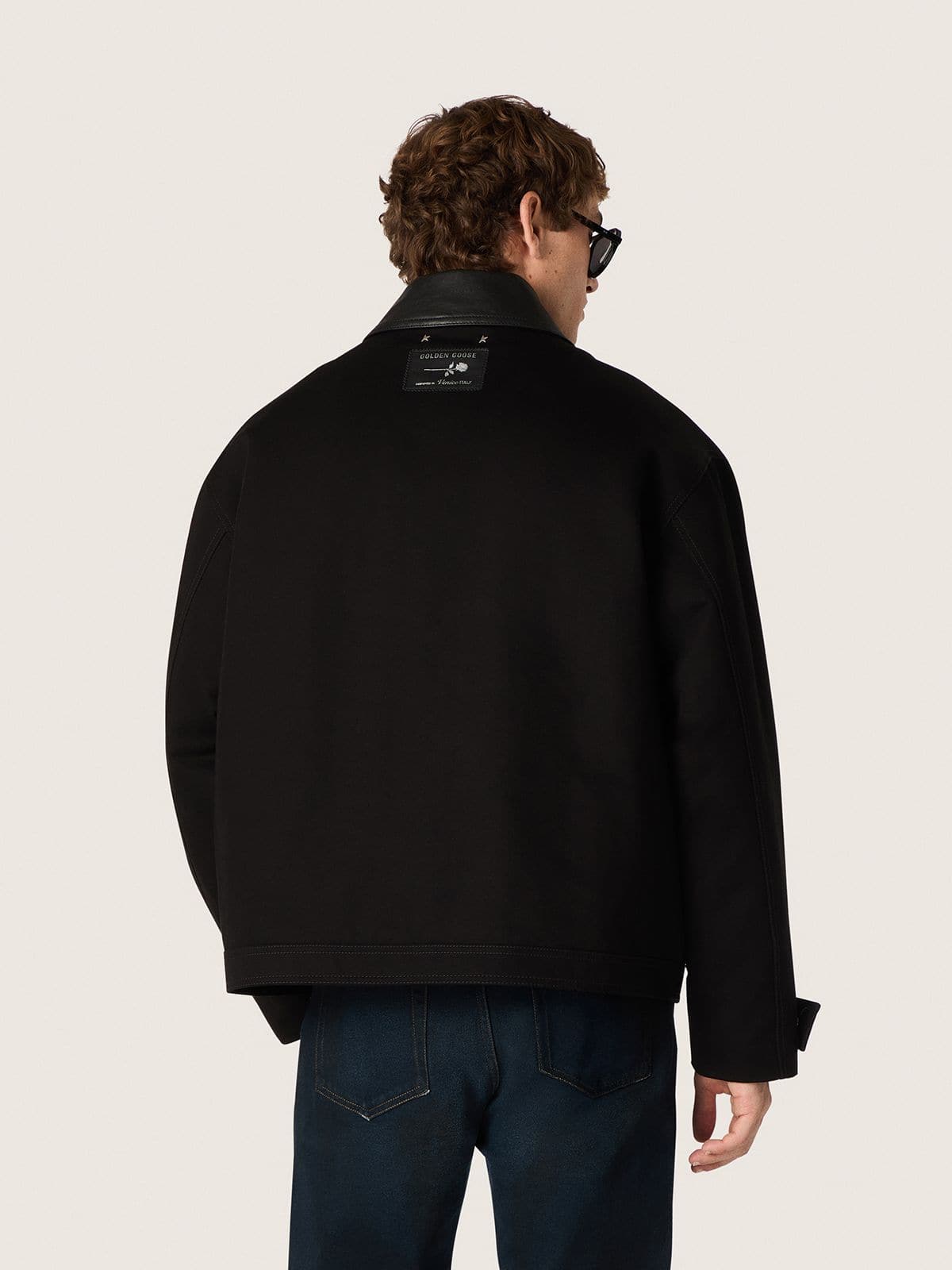 Golden Goose Men's short padded jacket in black cotton with leather collar