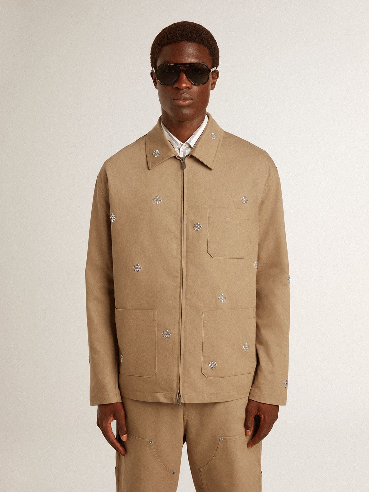 Golden Goose Men's beige jacket with floral embroidery and full zip