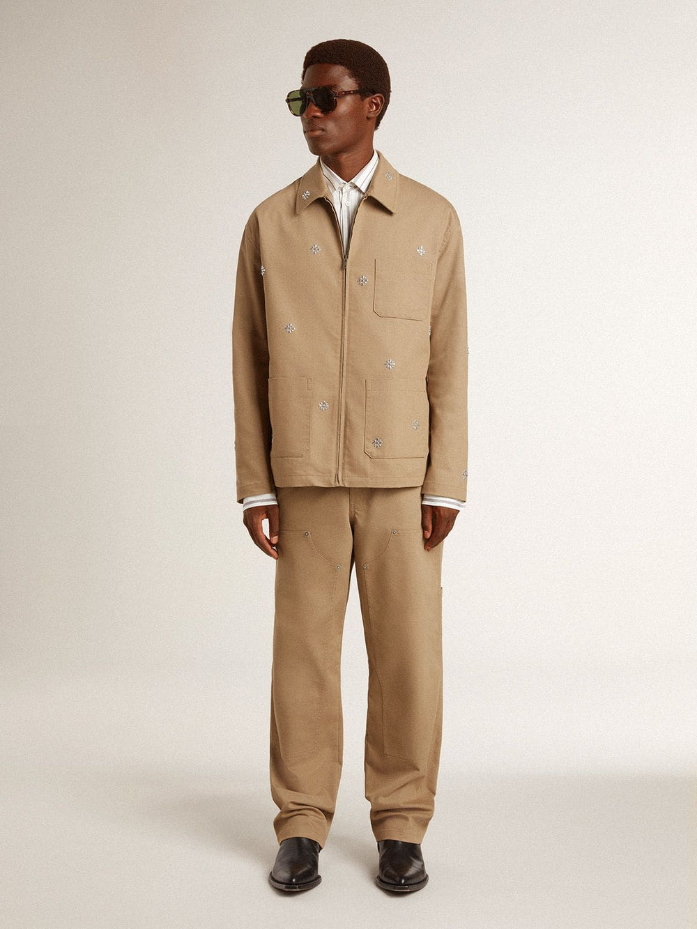 Golden Goose Men's beige jacket with floral embroidery and full zip