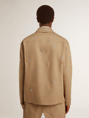 Golden Goose Men's beige jacket with floral embroidery and full zip
