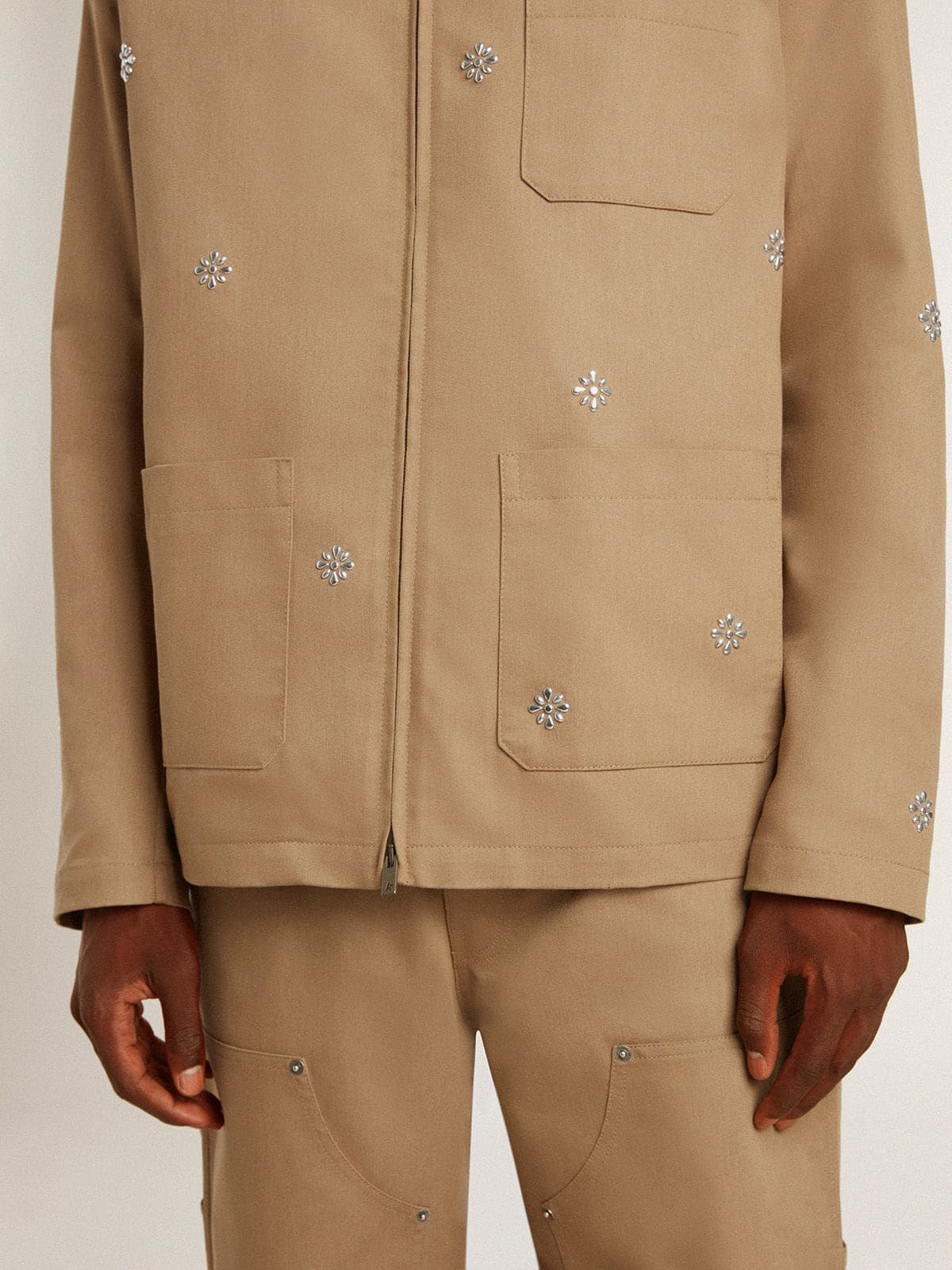 Golden Goose Men's beige jacket with floral embroidery and full zip