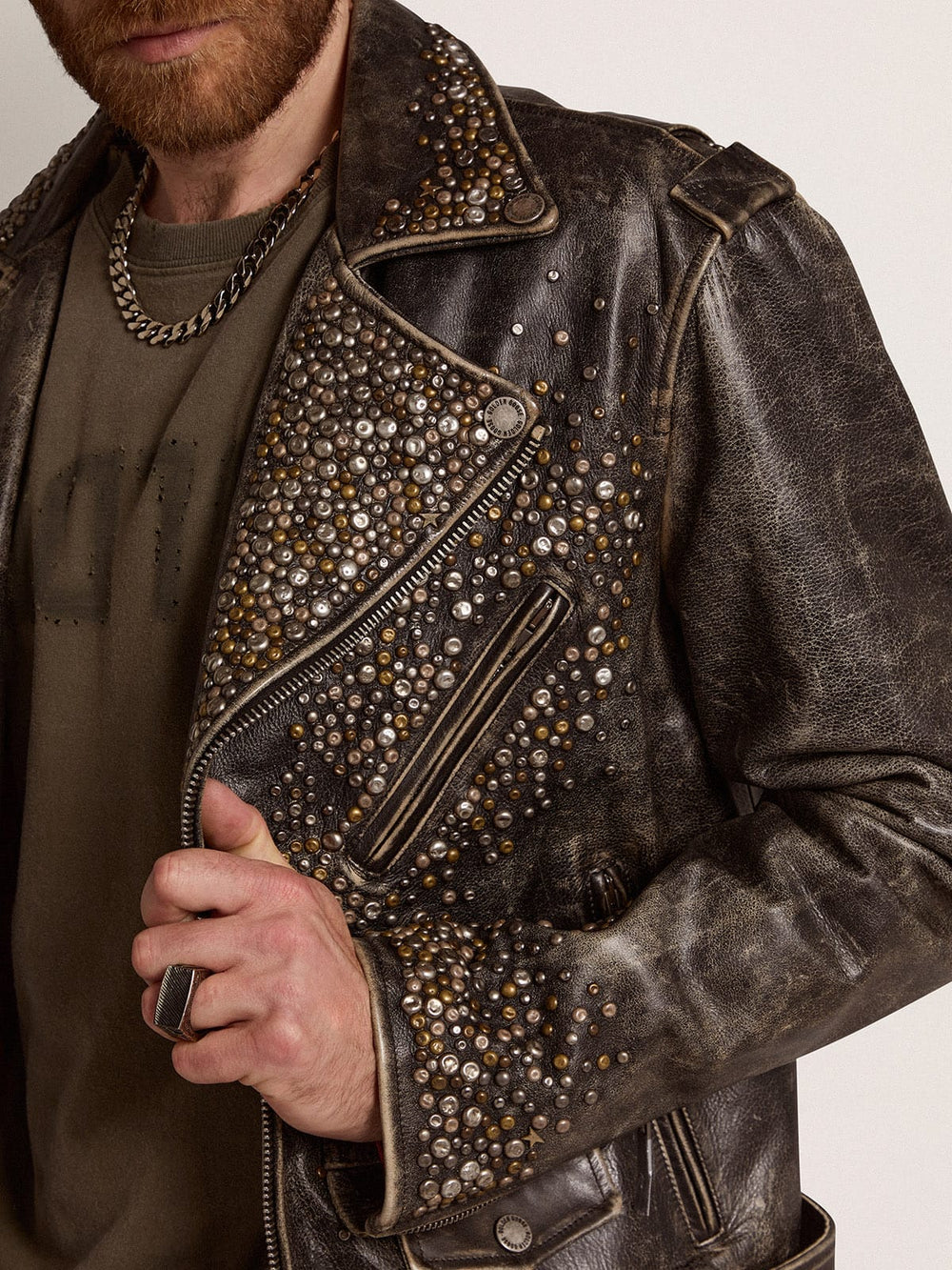 Golden Goose Men's leather biker jacket with hammered studs and adhesive tape