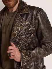 Golden Goose Men's leather biker jacket with hammered studs and adhesive tape