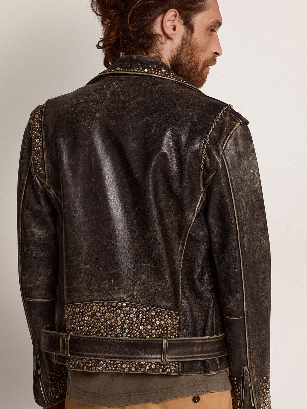 Golden Goose Men's leather biker jacket with hammered studs and adhesive tape