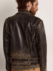Golden Goose Men's leather biker jacket with hammered studs and adhesive tape