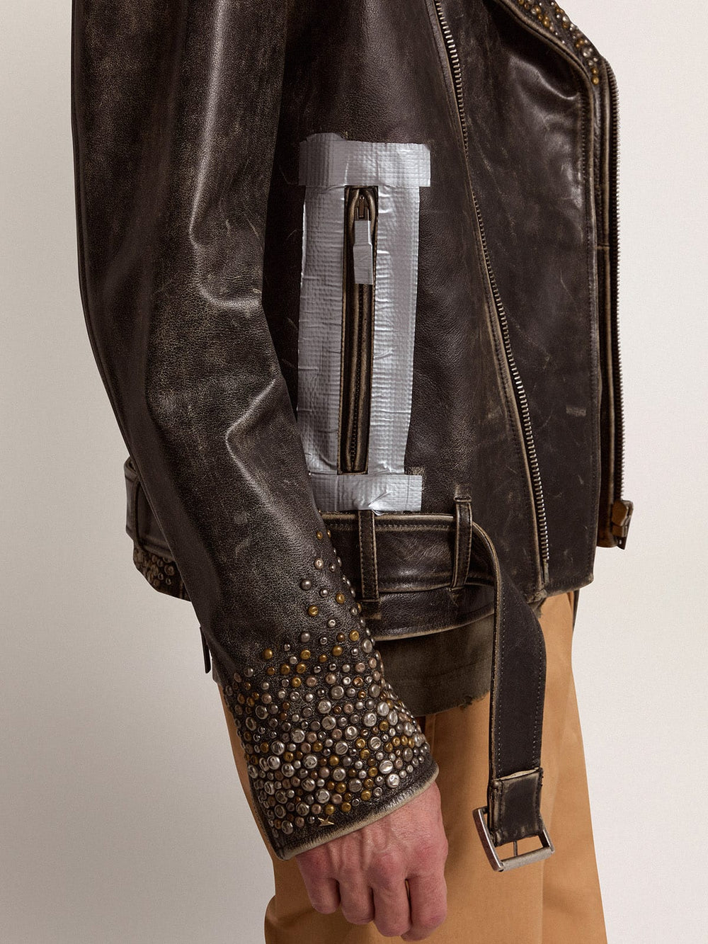 Golden Goose Men's leather biker jacket with hammered studs and adhesive tape