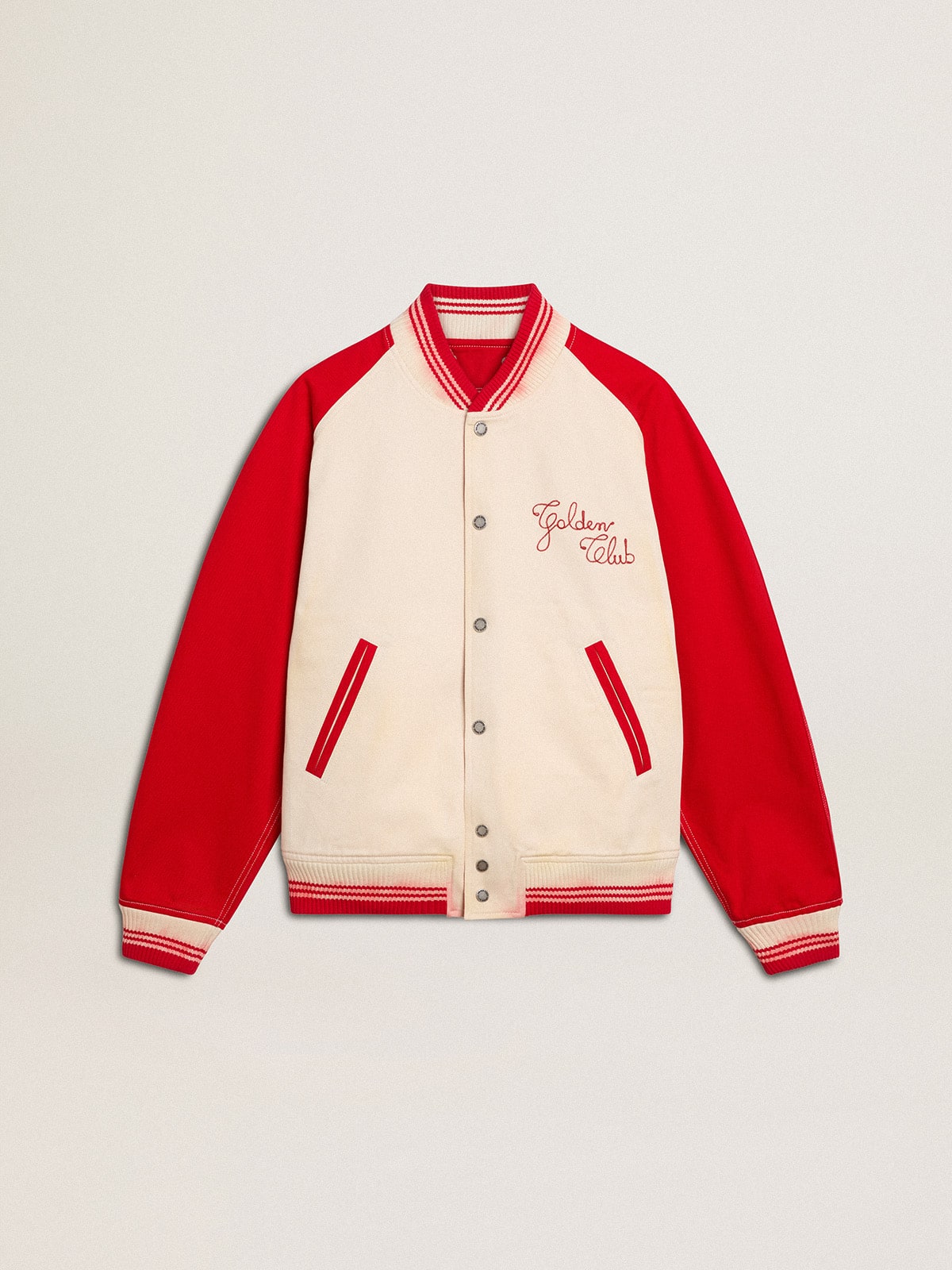 Golden Goose Bomber jacket in worn white and red with embroidery