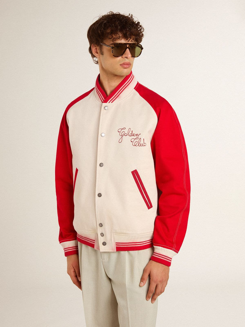 Golden Goose Bomber jacket in worn white and red with embroidery