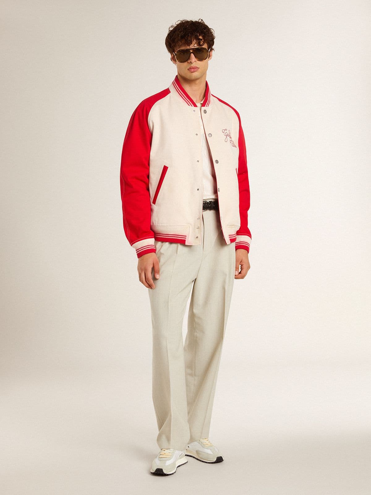 Golden Goose Bomber jacket in worn white and red with embroidery