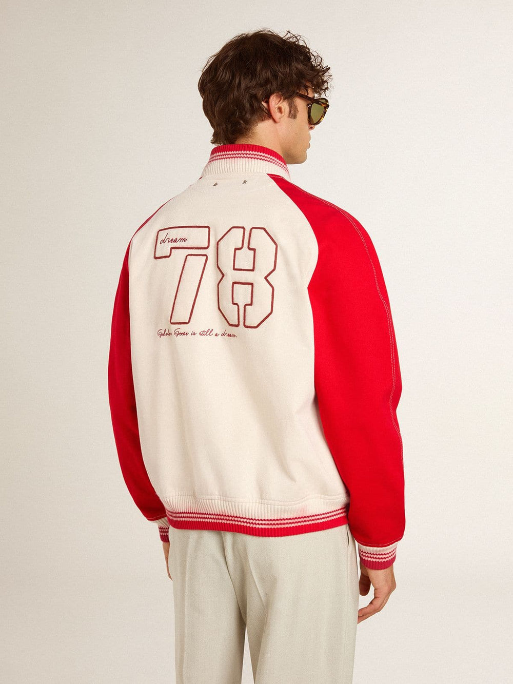 Golden Goose Bomber jacket in worn white and red with embroidery